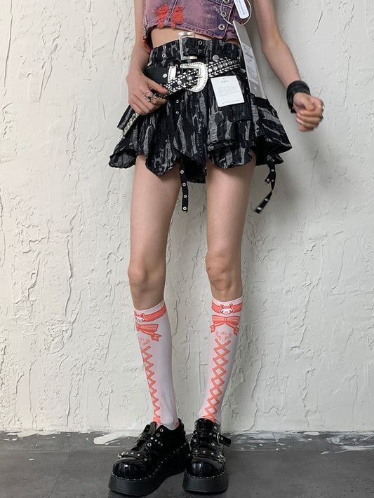 White&Orange Y2K Crisscorss Banded Bunny And Bowknot Print Underknee Stockings