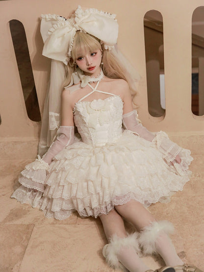 Creamy White Princess Embroidered Scallop Trim Tiered Skirt Lolita Dress