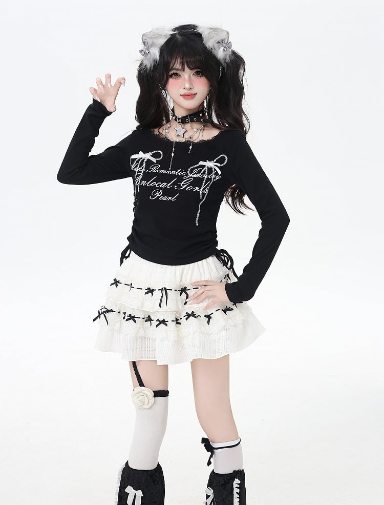 Sweet Bowknot Print Lace Trim Drawstring Waist White/Black Top