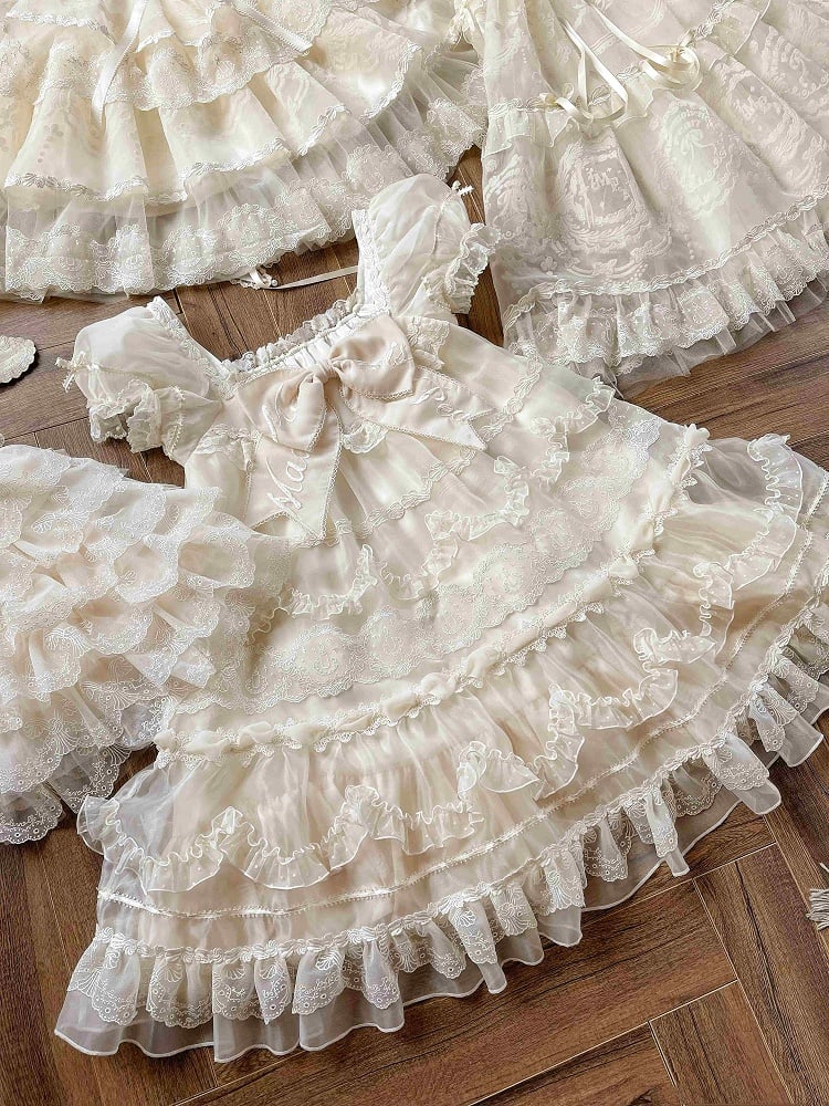 Embroidered Big Bow Neckline Creamy White Short Puff Sleeves Lolita Dress