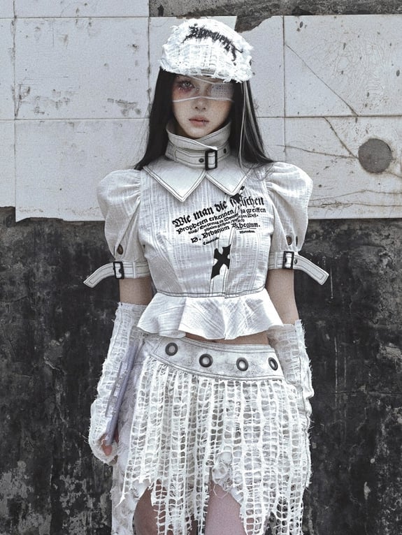 Grey Goth Letters Print Punk Shirt with Detachable Buckle Collar