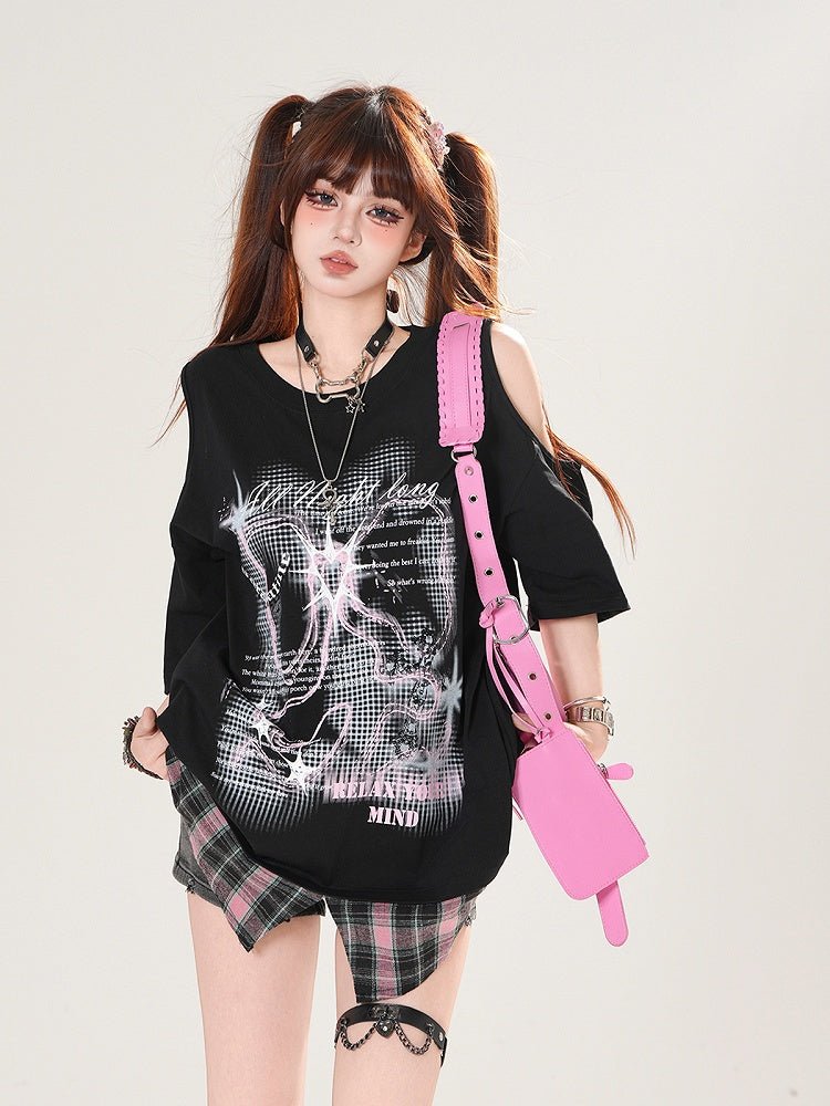 Plaid Hem Cutout Shoulder Black/White Graphic T-shirt