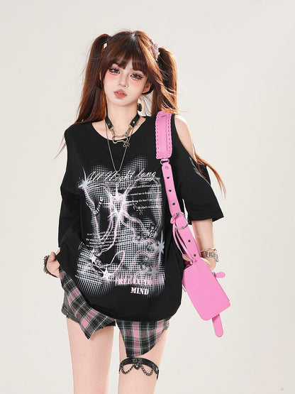 Plaid Hem Cutout Shoulder Black/White Graphic T-shirt