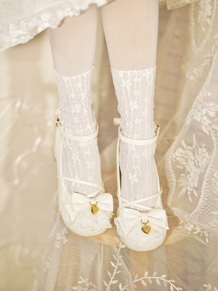 Milky White Heart Charm Bow at Top Lace Trim Crisscross Design Lolita Shoes