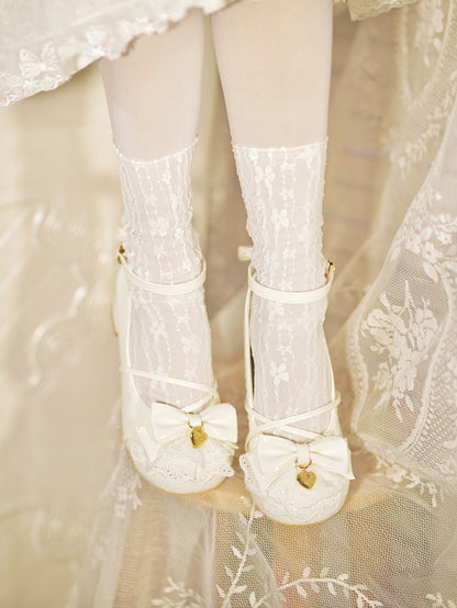 Milky White Heart Charm Bow at Top Lace Trim Crisscross Design Lolita Shoes