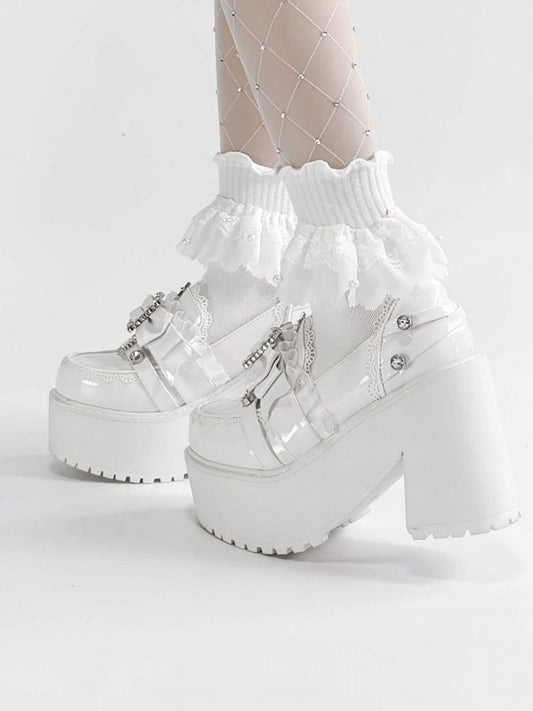 Polished White Jirai Kei Rhinestone Decorated Bow at Top Lace Trim Platform High Block Heels Slipons