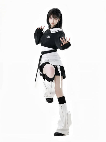 Wasteland Punk Black Snap Details Techwear Skirt