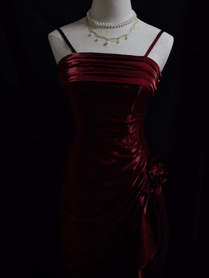 Dark Red Vintage Floral Dress Asymmetrical Hem Prom Gown