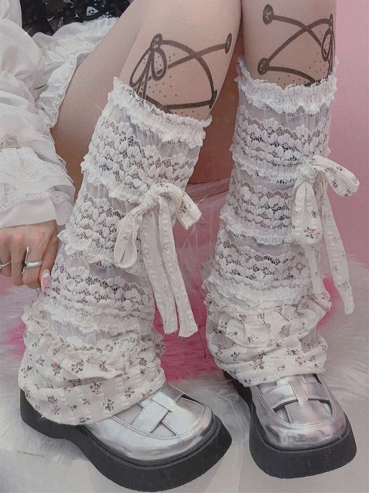 White Y2K Bowknot Details Floral Pattern Ruffles Trim Leg Sleeves