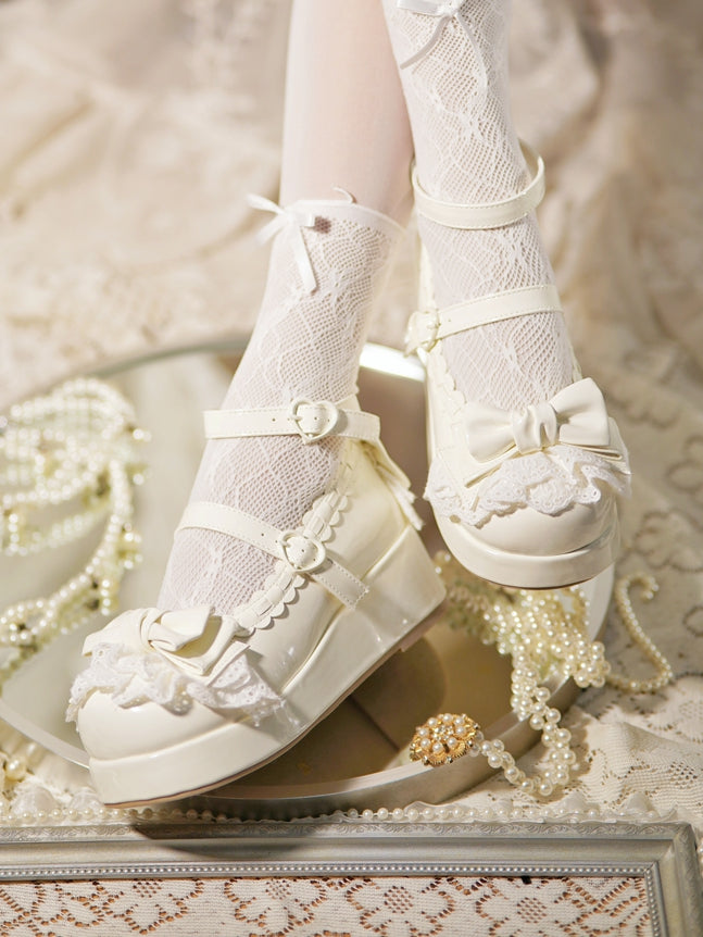 Milky White Bow at Top Lace Trim Heart Buckles Platforms