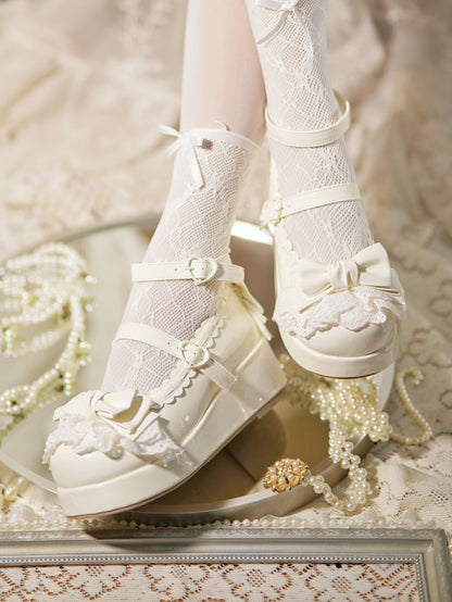 Milky White Bow at Top Lace Trim Heart Buckles Platforms