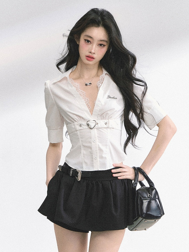 Black Stripes/White V-neck Heart Buckle Strap Short Sleeves Shirt