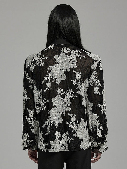 Black and White Goth Men's Floral Shirt