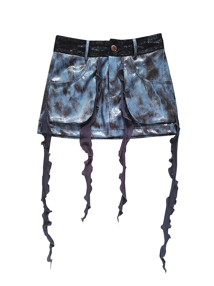 Wasteland Punk Tassel Design Navy Blue PU Skirt