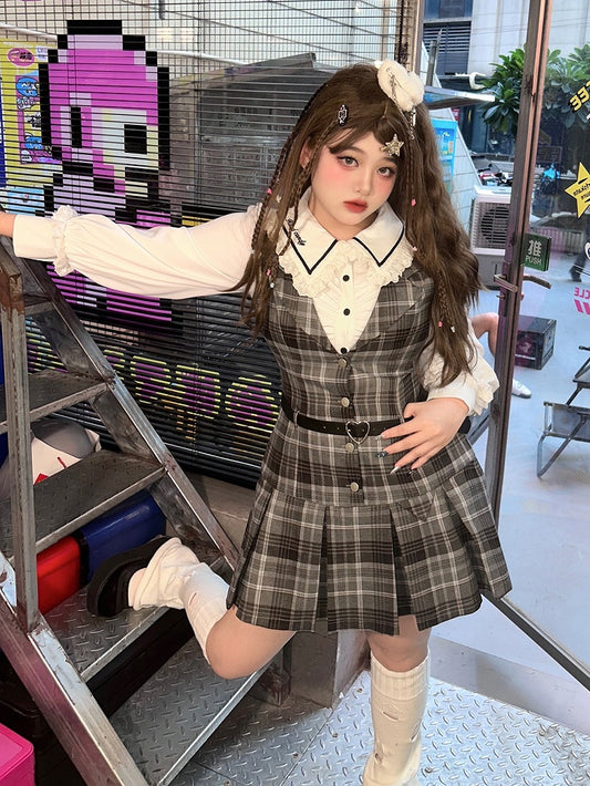 Plus Size - White Long Sleeves Shirt / Gray Plaid Dress Box Pleat Skirt