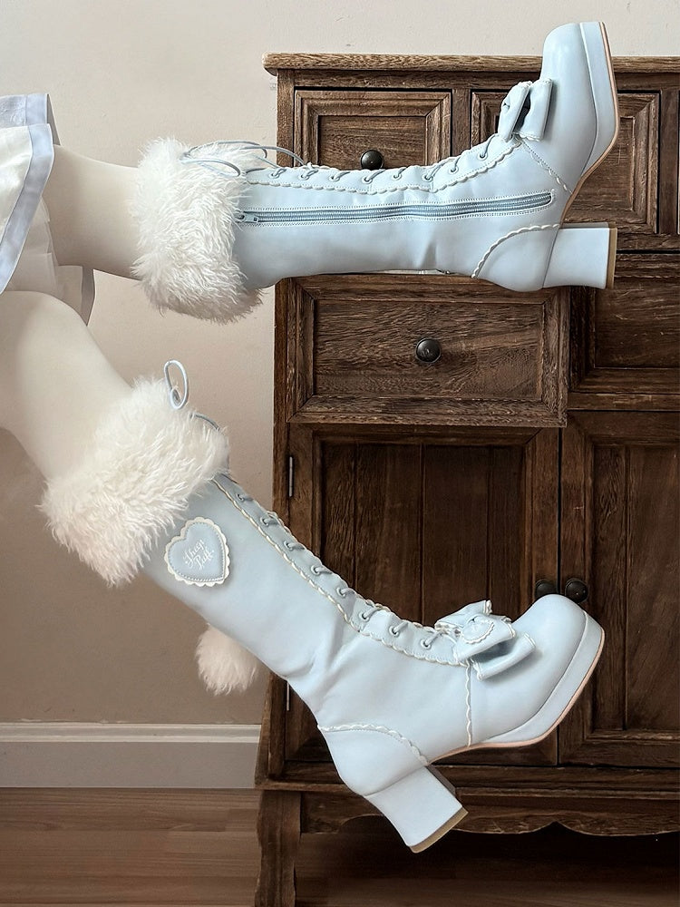 Mid-heel Blue Knee-Highs in PU with Plush Cuff, Bow Decor & Lace+Zip Fastening