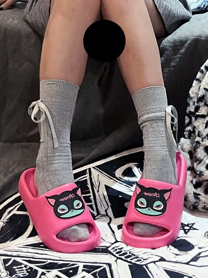 Pink Gothic Summer Slippers With Black Pink and Green Cat Applique