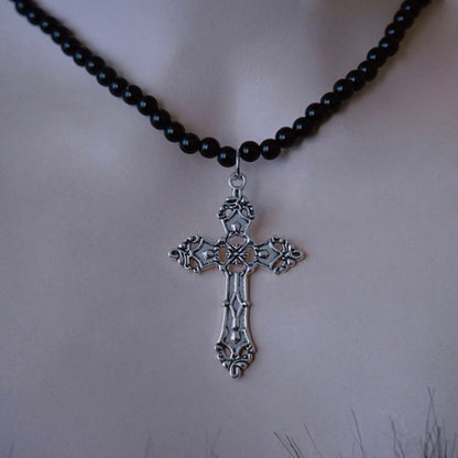 Silver Cross Pendant Gothic Black Beads Necklace