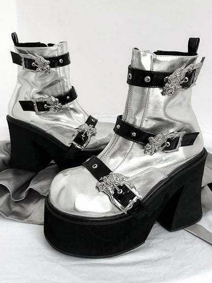 Dragon-shaped Buckle Straps Silver and Black Punk Boots High Block Heel
