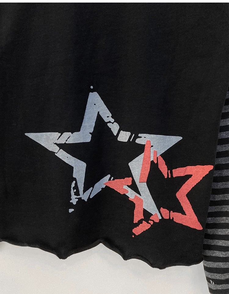 Skull and Stars Print Black Long Sleeves Top Fake Two-pieces