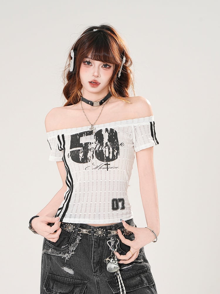 Red/Black Number Print Off-the-shoulder Neckline Slim-fitting T-shirt