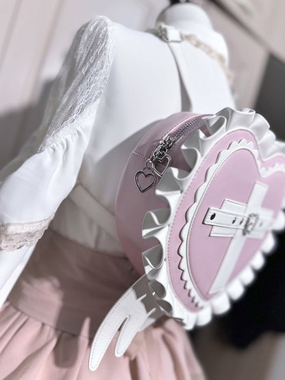 Jirai Kei Heart Backpack with Wings & Cross PU Leather in Black / Light Blue / Pink