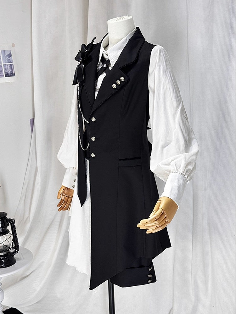 Ouji Lolita White and Black Eight-Piece Set - Asymmetrical Design Waistcoat + Shirt + Shorts + Matching Accessories