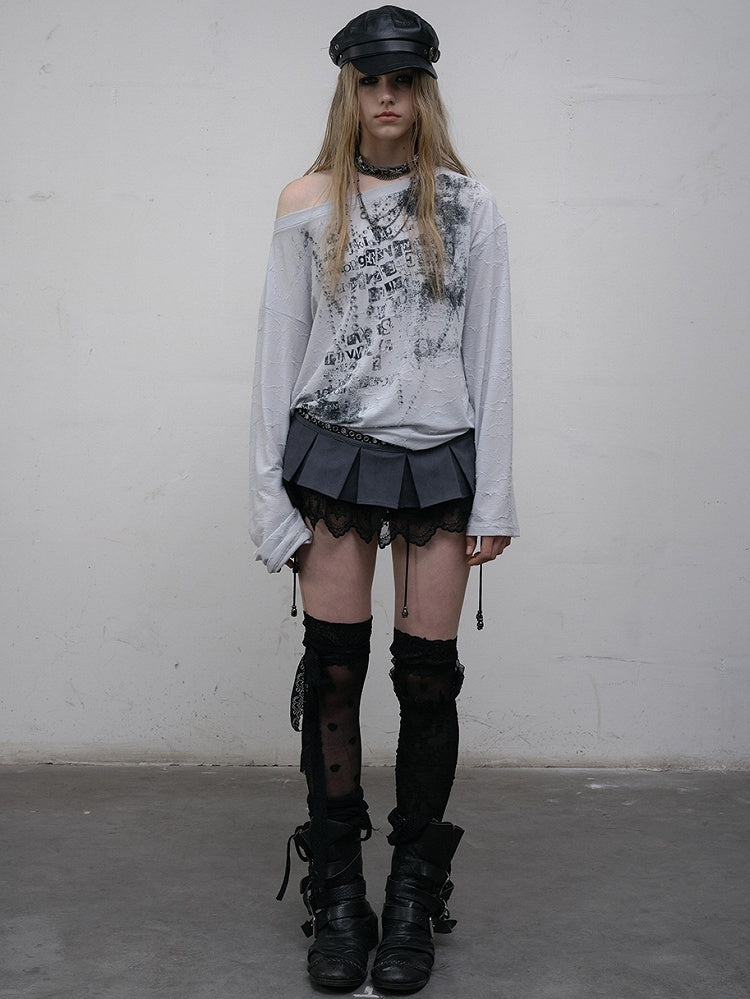 Blue/Beige Wasteland Punk Letter Print Asymmetrical Neckline Long Sleeves Top