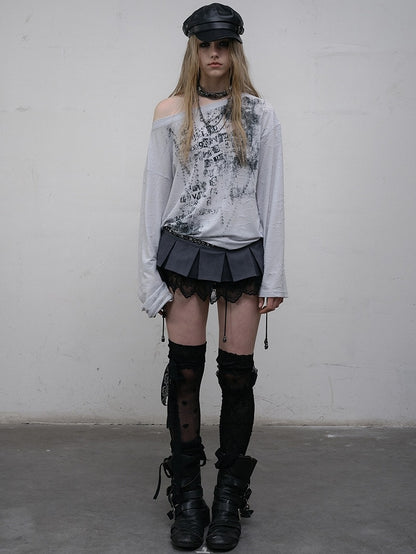 Blue/Beige Wasteland Punk Letter Print Asymmetrical Neckline Long Sleeves Top