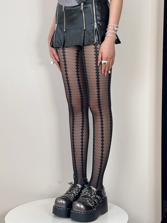 Black Punk Striped And Diamond Pattern Tights