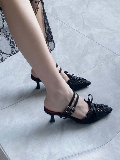 Black Lace-up Detail Pointed Toe Gothic Slingback Sandals
