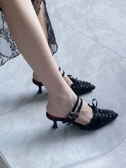 Black Lace-up Detail Pointed Toe Gothic Slingback Sandals