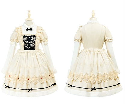 Beige Floral Embroidery Bodice Long Sleeves Lolita Dress Plush Neckline and Cuffs