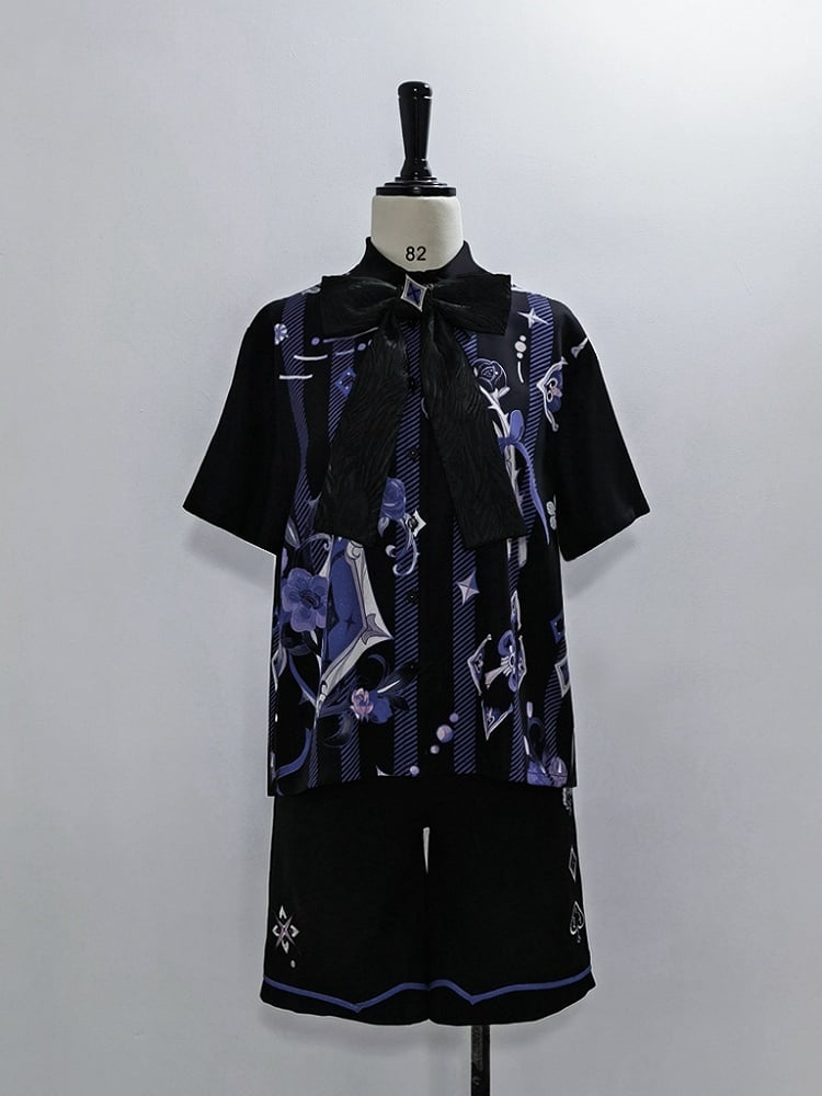 Ouji Fashion Poker and Rose Print Summer Magician Shirt with Bowtie