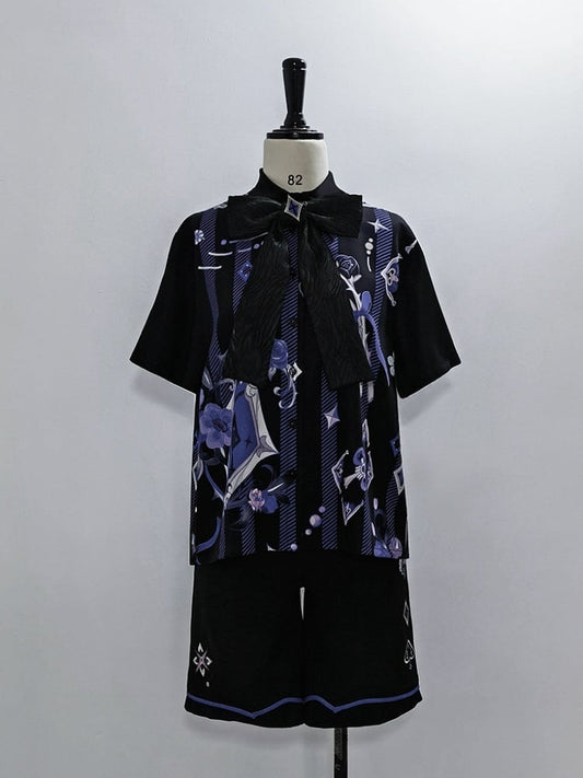 Ouji Fashion Poker and Rose Print Summer Magician Shirt with Bowtie