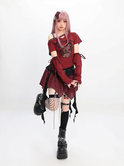 Y2K Red & Black/Black & Gray Plaid Handkerchief Hem Skirt with Lace-up Detail