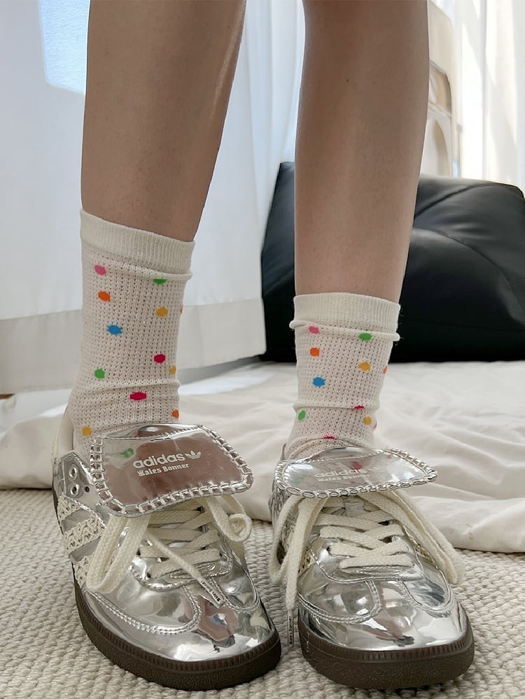 White Polka-dot Pattern Ribbed Trim Socks