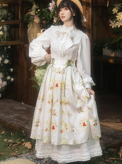 White Box Pleat Elegant Classic Lolita Skirt with Hawthorn and Bird Print and Green Lace-Up Waistband