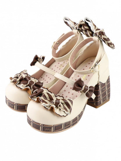 Beige&Brown Striped Bowknot Details Heart Buckle Chocolate Platform High Block Heels Mary Janes