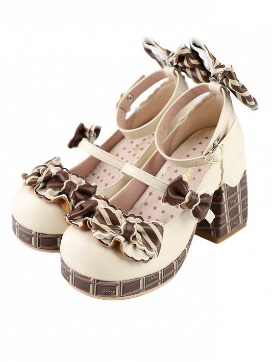 Beige&Brown Striped Bowknot Details Heart Buckle Chocolate Platform High Block Heels Mary Janes