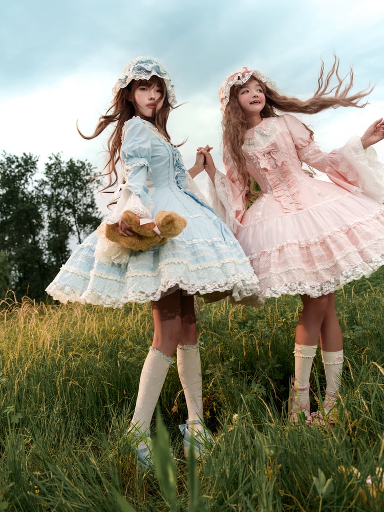 Baby Pink Old School Lolita Lace Trims Short Sleeves Cotton Dress