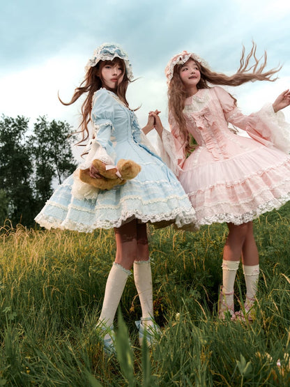 Baby Pink Old School Lolita Lace Trims Short Sleeves Cotton Dress