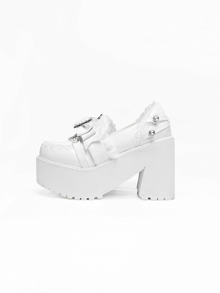 Polished White Jirai Kei Rhinestone Decorated Bow at Top Lace Trim Platform High Block Heels Slipons