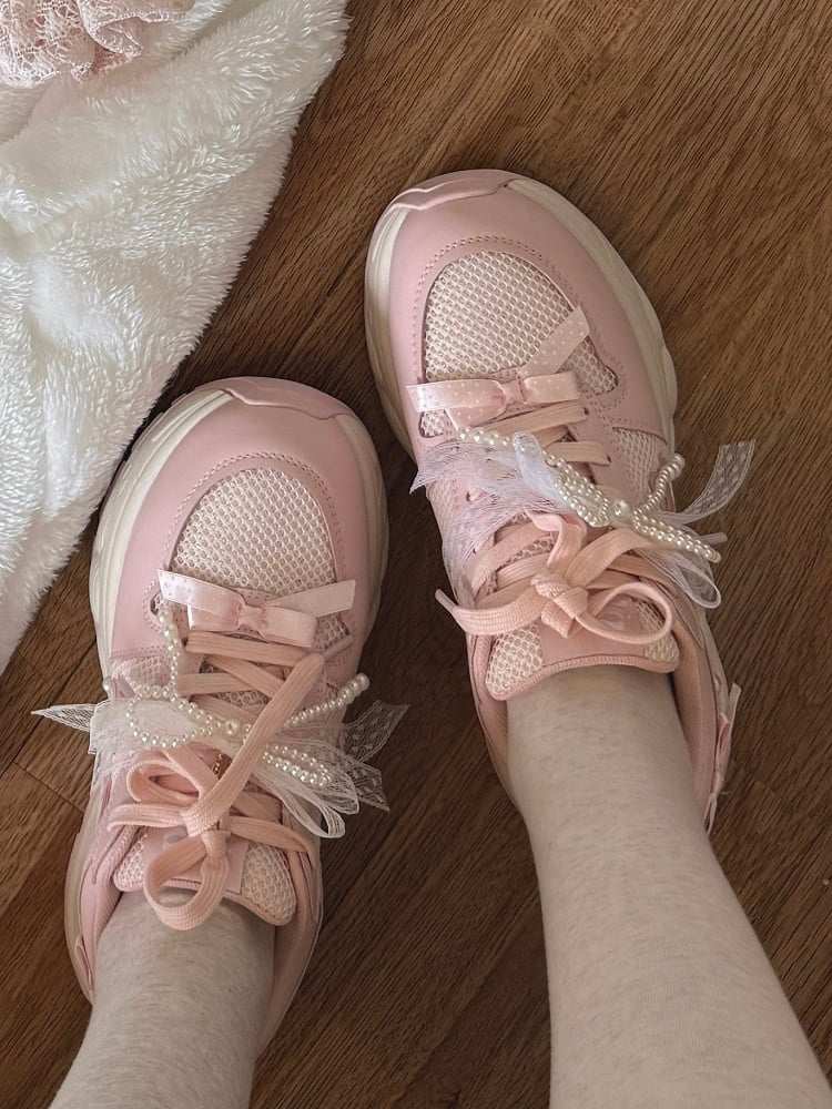 Pink Beaded Decorated Bowknot Details Front Lace-up Ties Sneakers
