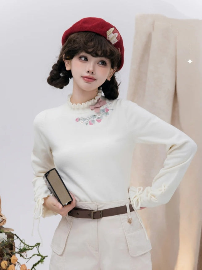 Strawberry Embroidery Neckline Lace-up Cuffs Beige Autumn Knit Top