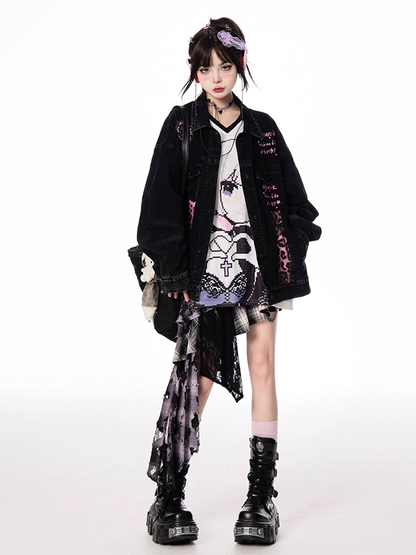 Pink Leopard Pattern Black Shirt Collar Faded Wash Vintage Denim Jacket