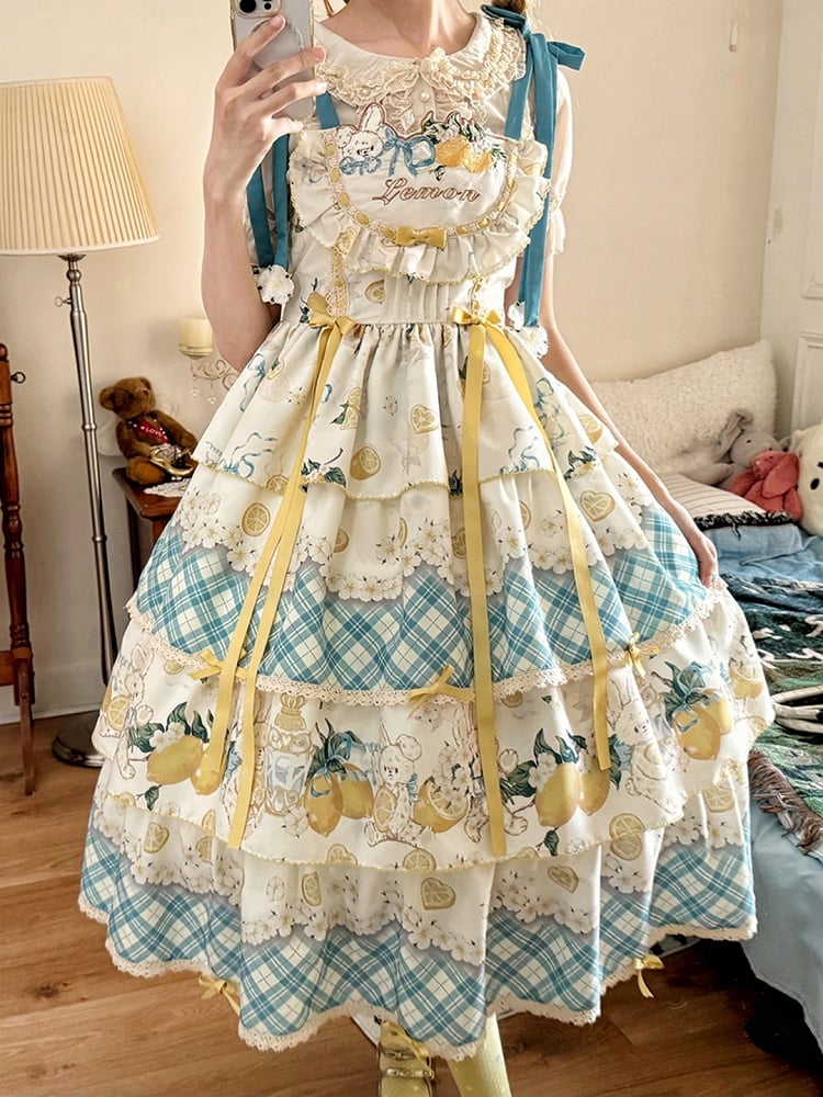 Blue & Yellow Lemon and Rabbit Print Country Lolita Dress with Plaid Pattern and Ruffled Layers