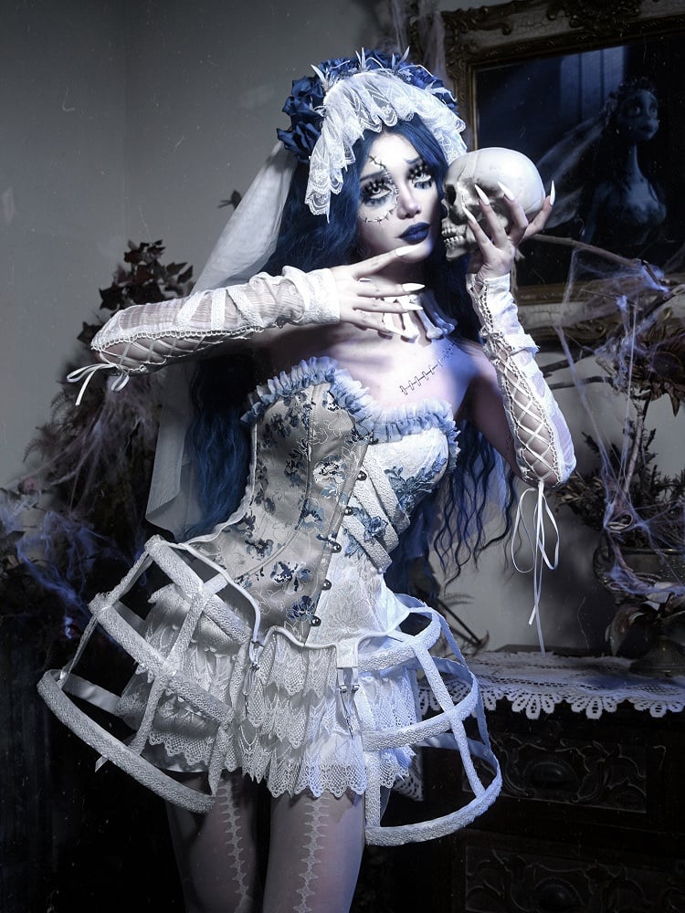 White Victorian Goth Lace Birdcage + Tiered Lace Shorts