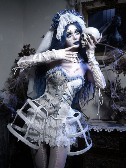 Half White Half Dusty Blue Corpse Bride Floral Embroidery Goth Boned Corset Top
