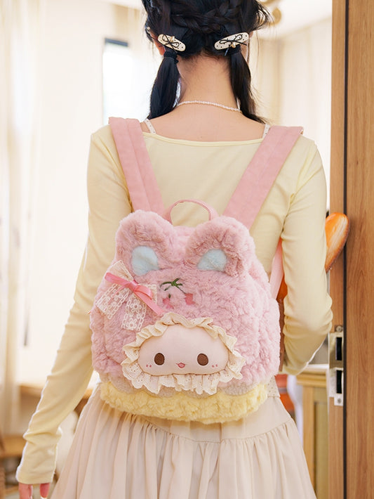 Pink&Yellow Cute Bowknot Decorated Plush Rabbit Backpack